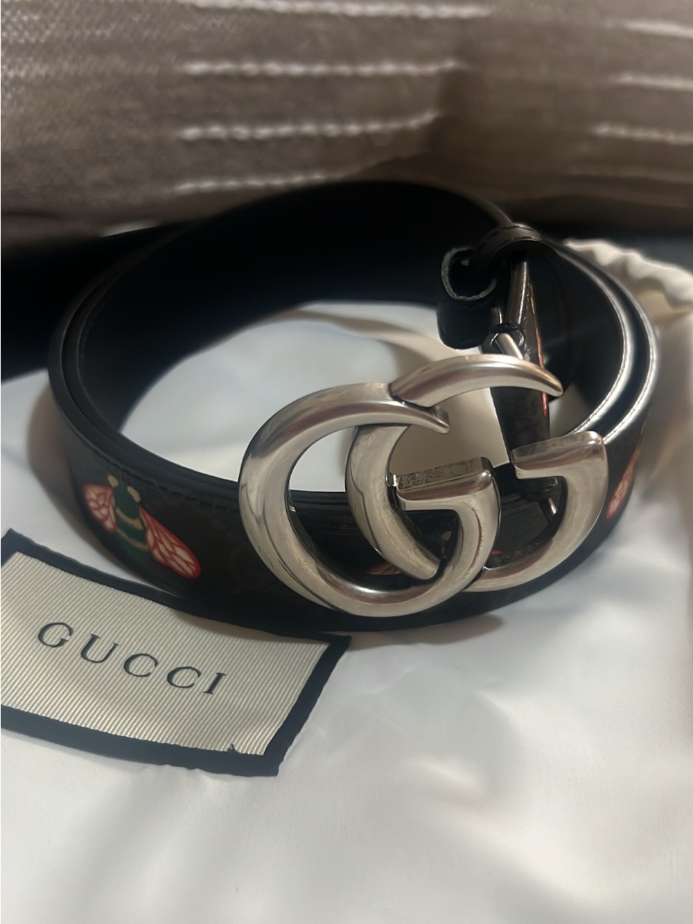 Gucci Black Coated Canvas GG Buckle Belt with Bee Design